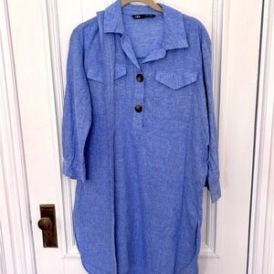 Zara Women’s Blue /White Striped Linen Long sleeve Belted Pull Over Tunic Dress